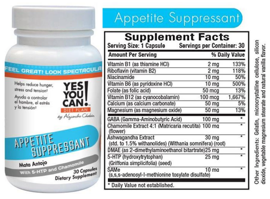 Official label of Yes You Can! Appetite Suppressant (NIH DSLD #207073)