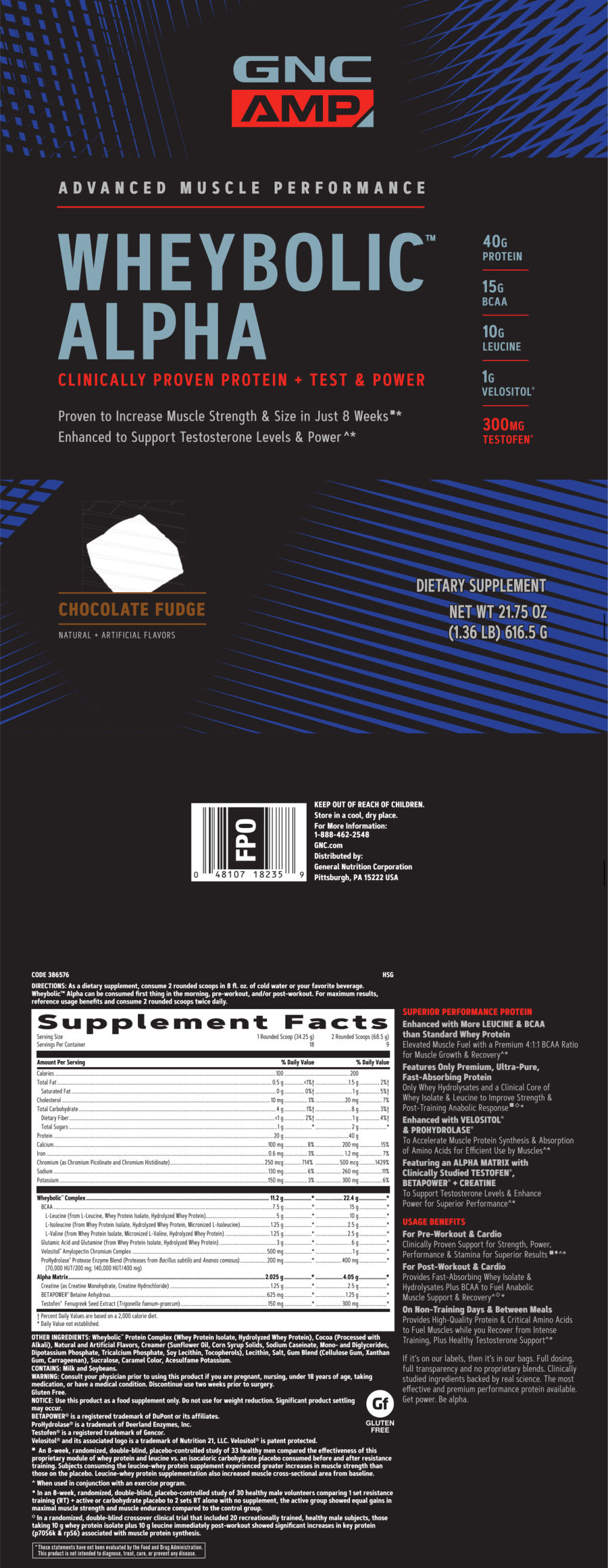 Official label of GNC AMP Wheybolic Alpha Chocolate Fudge (NIH DSLD #210510)