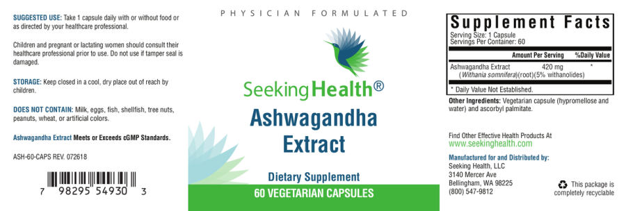 Official label of Seeking Health Ashwagandha Extract (NIH DSLD #210829)