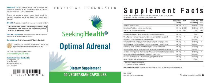 Official label of Seeking Health Optimal Adrenal (NIH DSLD #210880)