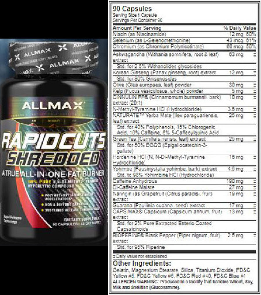 Official label of ALLMAX NUTRITION Rapidcuts Shredded (NIH DSLD #211148)