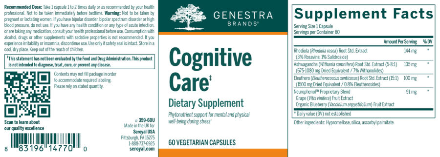 Official label of Genestra Brands Cognitive Care (NIH DSLD #211262)