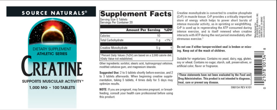 Official label of Source Naturals Creatine 1,000 mg (NIH DSLD #211616)