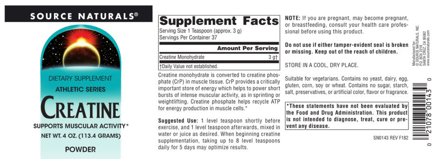 Official label of Source Naturals Creatine (NIH DSLD #211620)