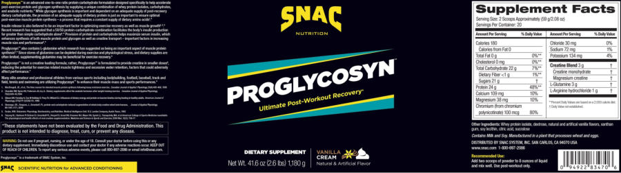 Official label of SNAC Nutrition Proglycosyn Vanilla Cream (NIH DSLD #211849)