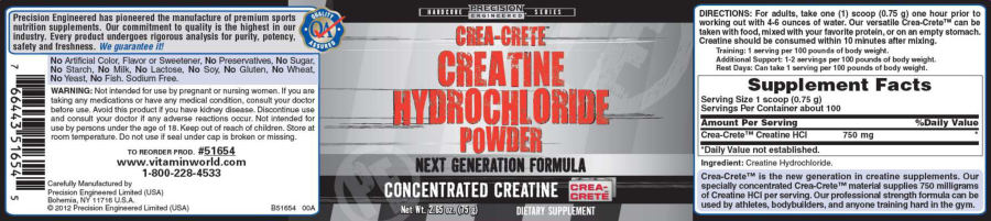 Official label of Precision Engineered Crea-Crete Creatine Hydrochloride Powder (NIH DSLD #21368)