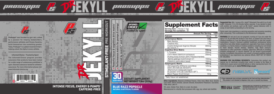 Official label of PS ProSupps Dr Jekyll Stimulant Free Blue Razz Popsicle (NIH DSLD #214629)