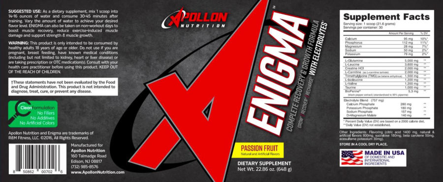 Official label of Apollon Nutrition Enigma Passion Fruit (NIH DSLD #215758)