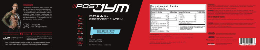 Official label of JYM Supplement Science Post JYM BCAAs+ Recovery Matrix Blue Arctic Freeze (NIH DSLD #216080)