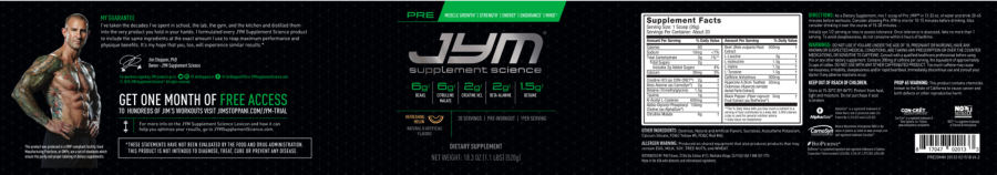 Official label of JYM Supplement Science Pre JYM Refreshing Melon (NIH DSLD #217815)