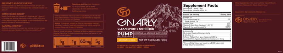 Official label of GN Gnarly Gnarly Pump Orange Mango (NIH DSLD #218110)