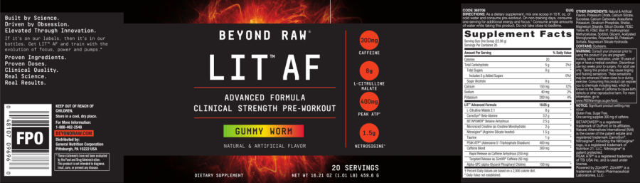 Official label of GNC Beyond Raw LIT AF Gummy Worm (NIH DSLD #219842)