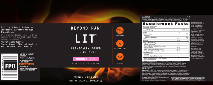 Official label of GNC Beyond Raw LIT Bubble Gum (NIH DSLD #219957)