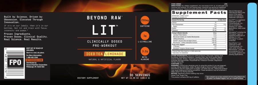 Official label of GNC Beyond Raw LIT Iced Tea Lemonade (NIH DSLD #220004)