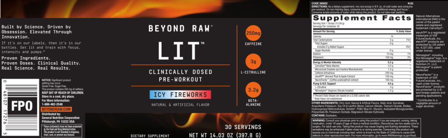Official label of GNC Beyond Raw LIT Icy Fireworks (NIH DSLD #220050)
