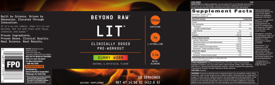 Official label of GNC Beyond Raw LIT Gummy Worm (NIH DSLD #220054)