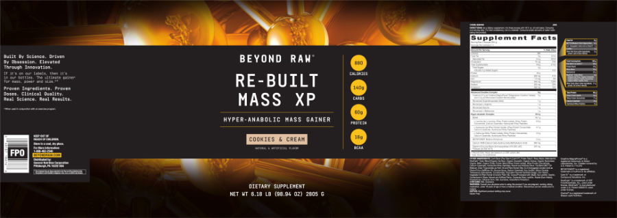 Official label of GNC Beyond Raw Re-Built Mass XP Cookies & Cream (NIH DSLD #220208)