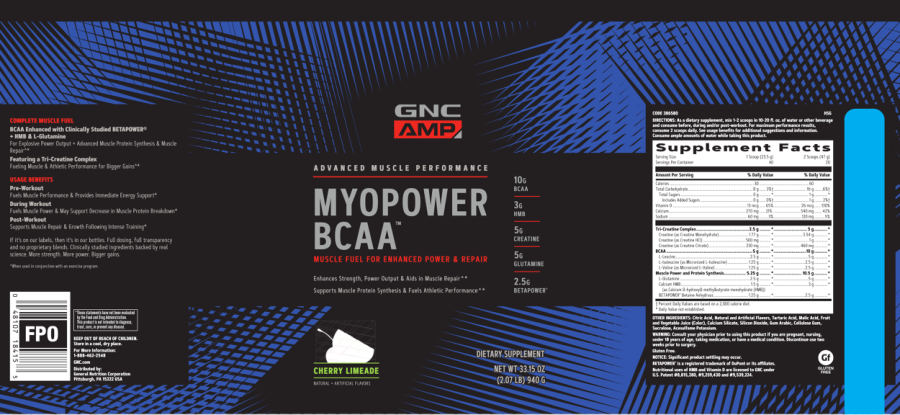 Official label of GNC AMP Advanced Muscle Performance Myopower BCAA Cherry Limeade (NIH DSLD #221165)