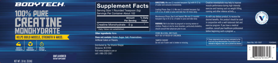 Official label of BodyTech 100% Pure Creatine Monohydrate Unflavored (NIH DSLD #221223)