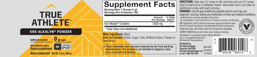 Official label of True Athlete Kre-Alkalyn Powder (NIH DSLD #221527)
