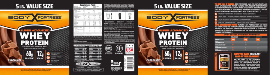 Official label of Body Fortress Super Advanced Whey Protein Chocolate (NIH DSLD #221559)