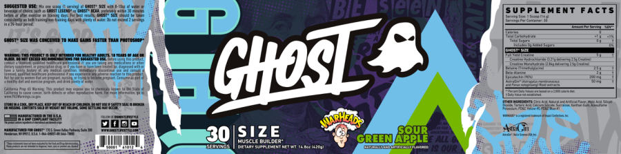 Official label of GHOST Size Warheads Sour Green Apple (NIH DSLD #223181)