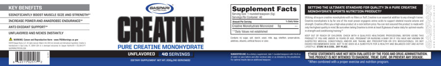 Official label of Gaspari Nutrition Creatine Unflavored (NIH DSLD #228157)
