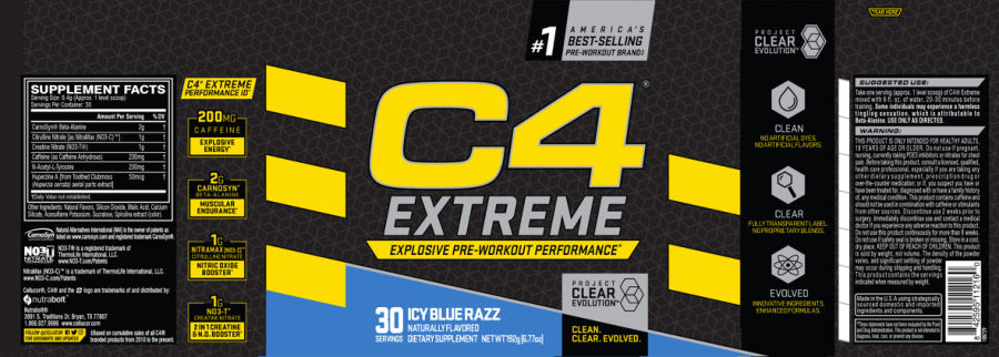 Official label of Nutrabolt C4 Extreme Icy Blue Razz (NIH DSLD #228726)