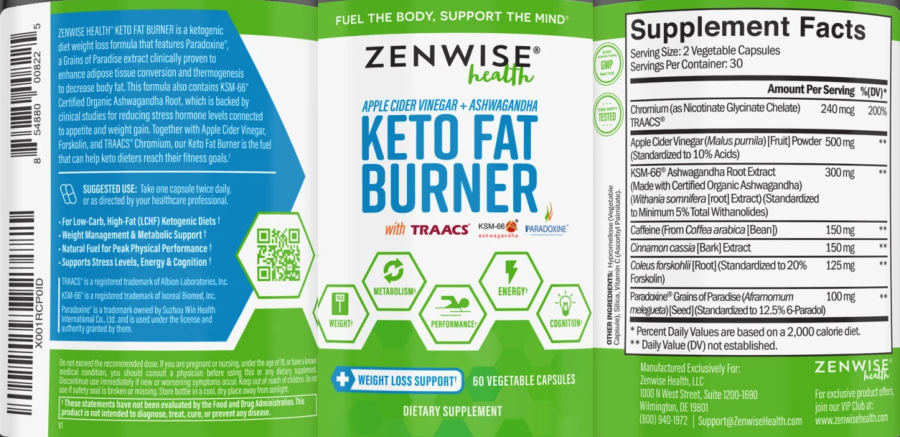 Official label of Zenwise Health Keto Fat Burner (NIH DSLD #229305)