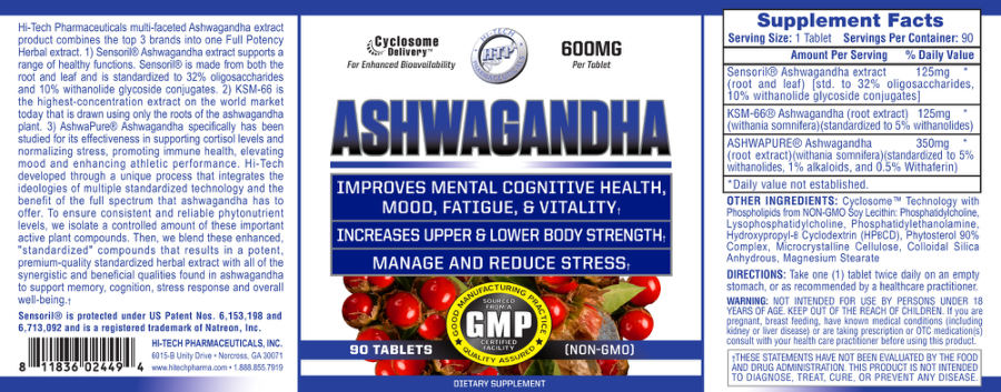 Official label of HTP Hi-Tech Pharmaceuticals Ashwagandha (NIH DSLD #229389)