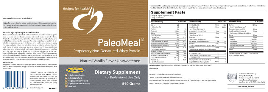 Official label of Designs for Health PaleoMeal Natural Vanilla Flavor Unsweetened (NIH DSLD #23176)