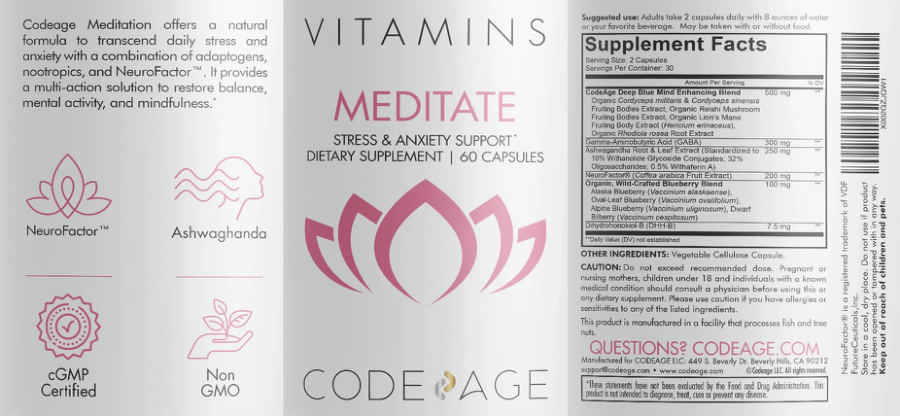 Official label of Codeage Meditate (NIH DSLD #239565)