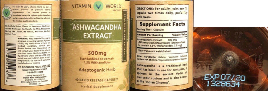 Official label of Vitamin World Ashwagandha Extract 500 mg (NIH DSLD #239906)