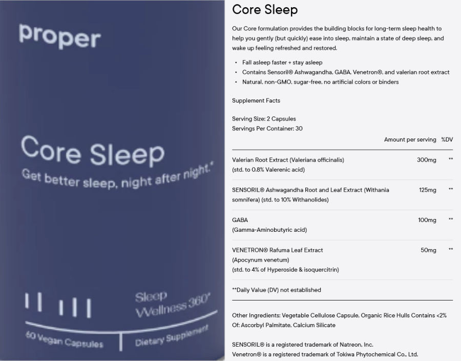 Official label of Proper Core Sleep (NIH DSLD #239907)
