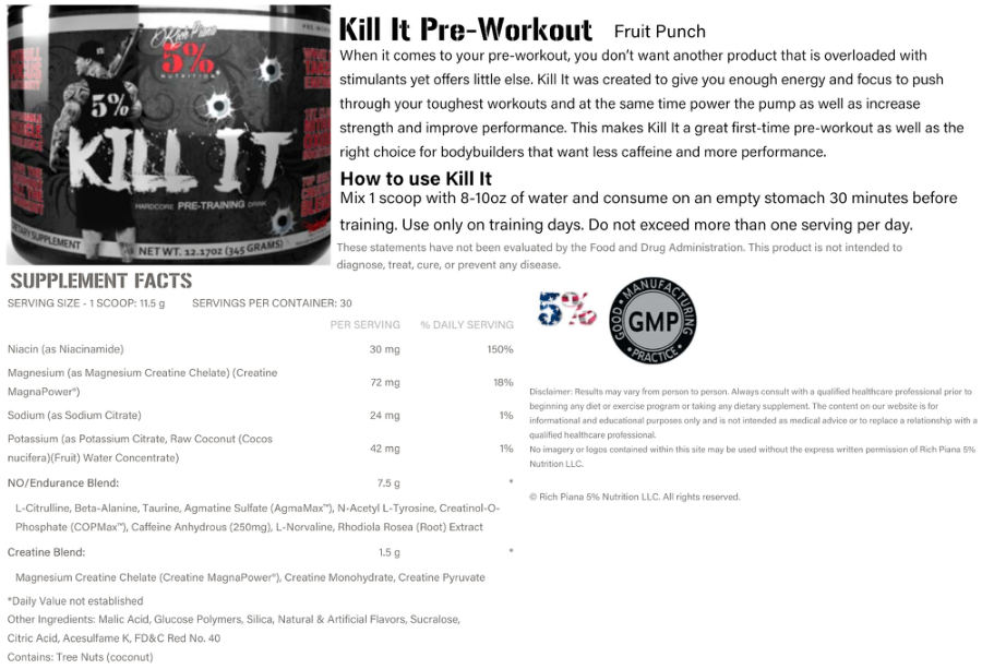 Official label of Rich Piana 5% Nutrition Kill It Fruit Punch (NIH DSLD #239977)