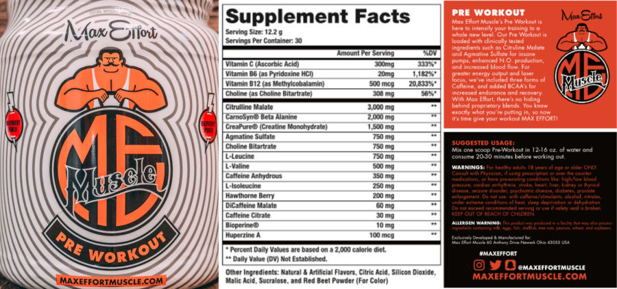 Official label of Max Effort Muscle Pre Workout Raspberry Punch (NIH DSLD #240233)