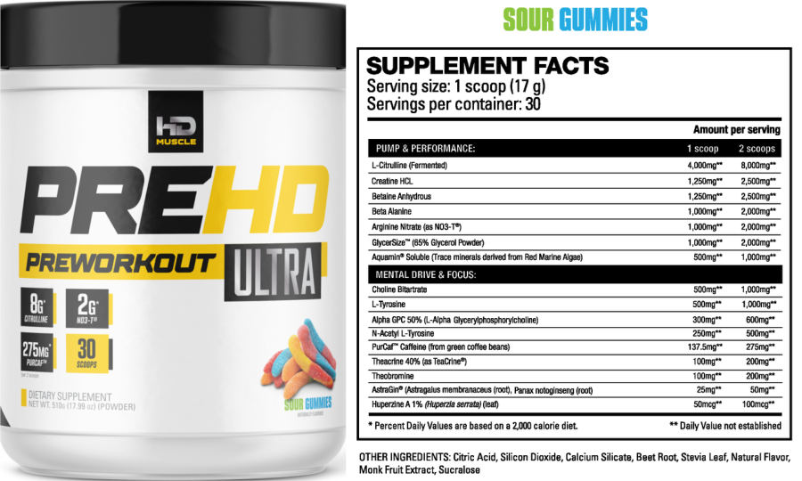 Official label of HD Muscle PreHD Preworkout Ultra Sour Gummies (NIH DSLD #240932)