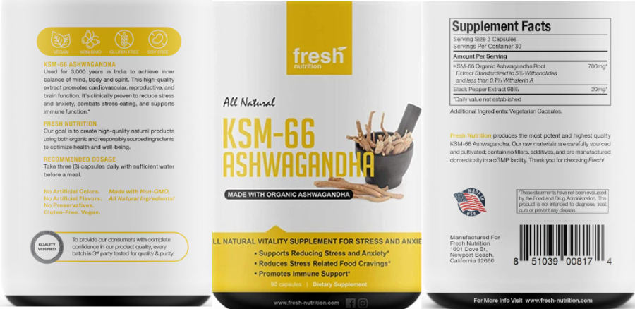 Official label of Fresh Nutrition KSM-66 Ashwagandha (NIH DSLD #242006)