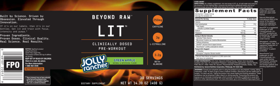 Official label of GNC Beyond Raw LIT Jolly Rancher Green Apple (NIH DSLD #243037)