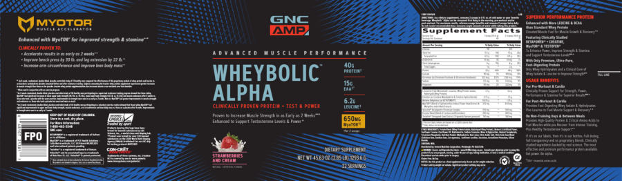 Official label of GNC AMP Advanced Muscle Performance Wheybolic Alpha Strawberries and Cream (NIH DSLD #243061)
