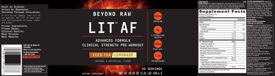 Official label of GNC Beyond Raw LIT AF Iced Tea Lemonade (NIH DSLD #243094)