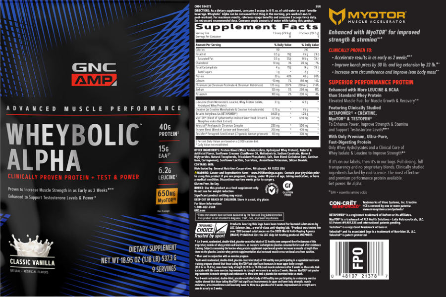 Official label of GNC AMP Advanced Muscle Performance Wheybolic Alpha Classic Vanilla (NIH DSLD #243246)