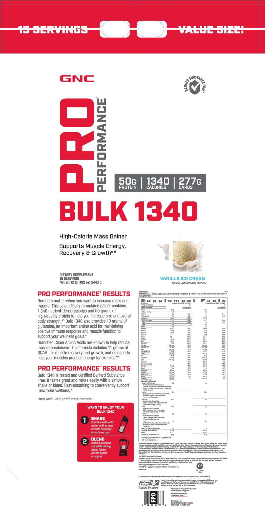 Official label of GNC Pro Performance Bulk 1340 Vanilla Ice Cream (NIH DSLD #243776)