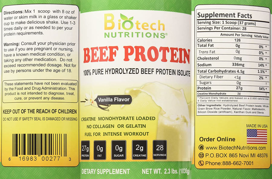 Official label of Biotech Nutritions Beef Protein Vanilla Flavor (NIH DSLD #243961)