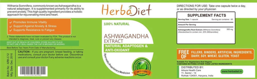 Official label of Herbadiet Ashwagandha Extract (NIH DSLD #244603)