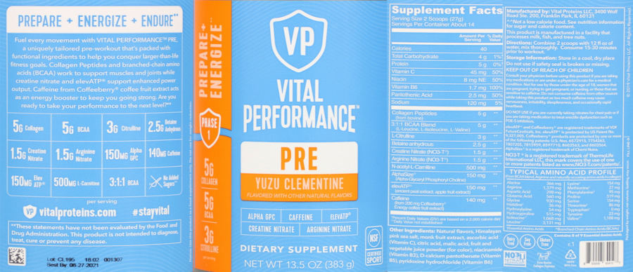 Official label of Vital Performance PRE Yuzu Clementine (NIH DSLD #245650)