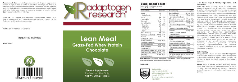 Official label of Adaptogen Research Lean Meal Grass-Fed Whey Protein Chocolate (NIH DSLD #247077)