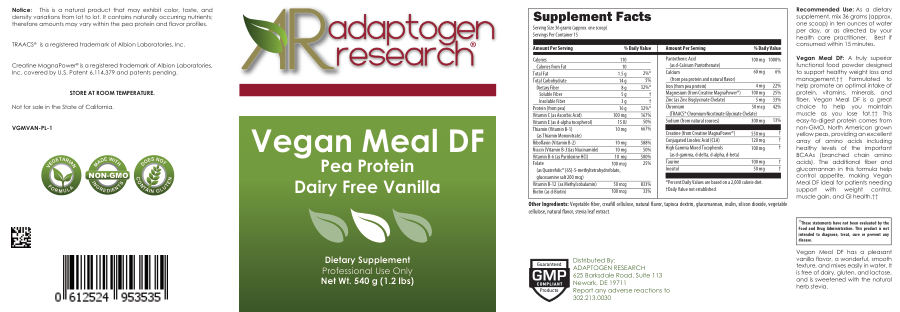 Official label of Adaptogen Research Vegan Meal Dairy Free Vanilla (NIH DSLD #247280)