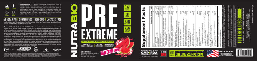 Official label of NutraBio Pre Extreme Watermelon (NIH DSLD #248266)