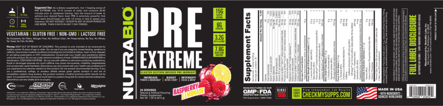 Official label of NutraBio PRE Extreme Raspberry Lemonade (NIH DSLD #248268)